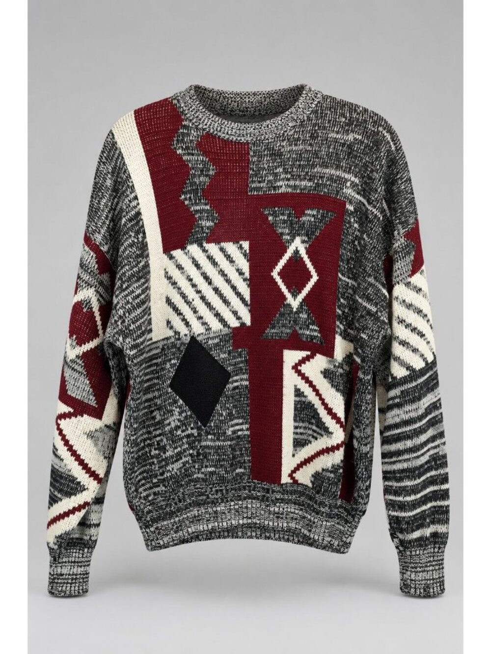 Gochu By KBB Mens XL Sweater VINTAGE Geometric Red Gray Knit Crewneck 80s Style